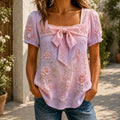 Pink Lavender Floral Ribbon Bow Short Sleeve Blouse