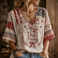 Red Friday Patriotic Vintage Patchwork V-Neck Shirt for Women