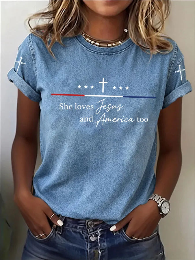 Women'S Loves Jesus and America Too Print Casual Top