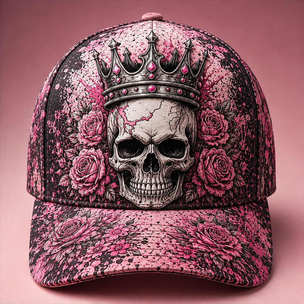 Pink Rose Crowned Skull Gothic Baseball Cap