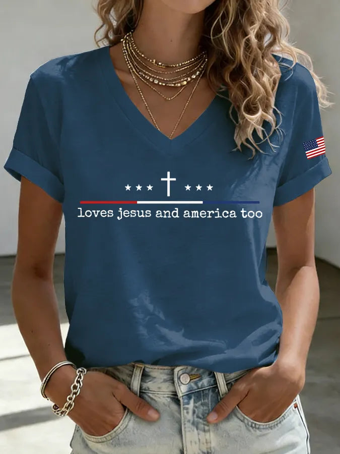 Women'S Loves Jesus and America Too Print Printed T-Shirt