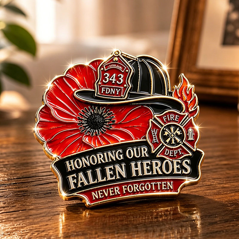 “Honoring Our Fallen Heroes – Never Forgotten” FDNY 343 Firefighter Memorial Brooch Pin | Red Poppy Tribute Badge | 9.11 Commemorative Collectible