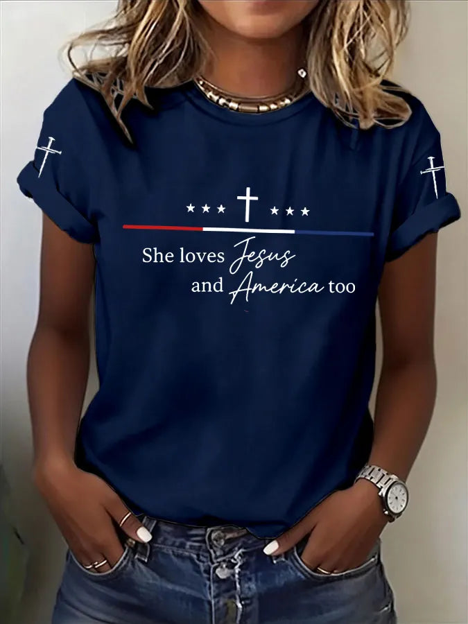 Women'S Loves Jesus and America Too Print Casual Top