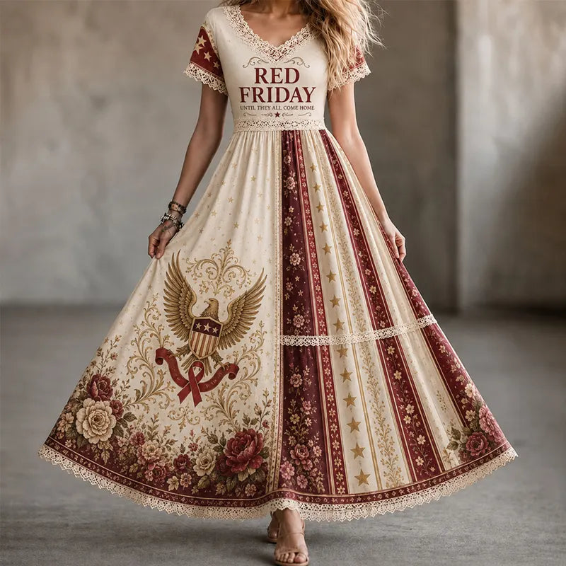 Red Friday Art Print V-neck Maxi Dress