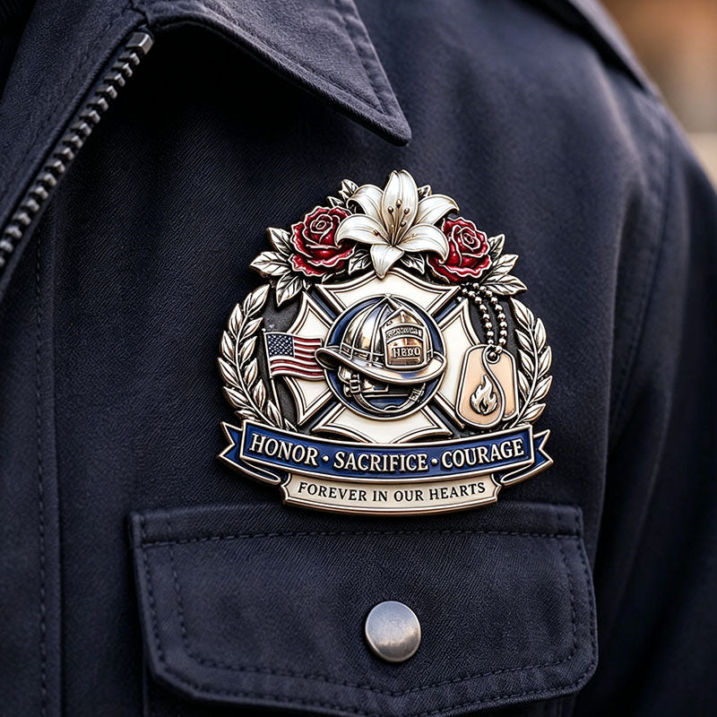 “Honor • Sacrifice • Courage – Forever in Our Hearts” FDNY Firefighter Memorial Brooch Pin | Hero Tribute Badge with Helmet & Lily Design