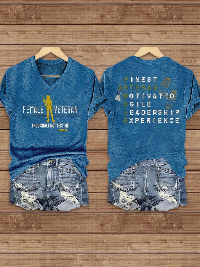 Women's Proud Female Veteran Printed V-Neck T-Shirt