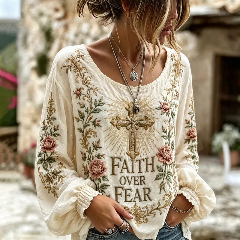 Women's Religious Faith Floral Art Printed Casual Top