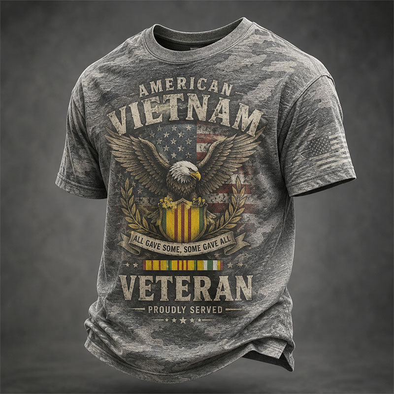 Men's Vietnam Veteran Eagle Shield Camo Commemorative Print Short Sleeve T-Shirt