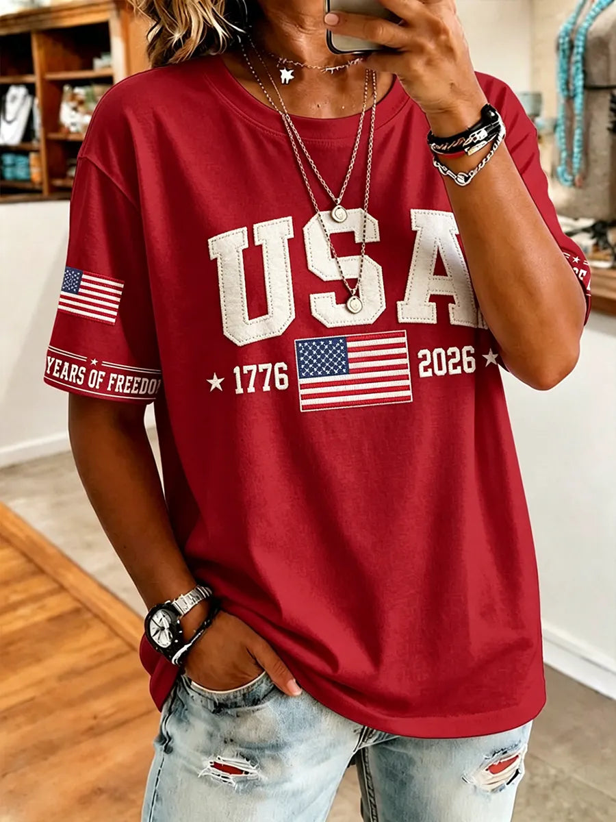 American Commemorative Embroidered Round Neck Top