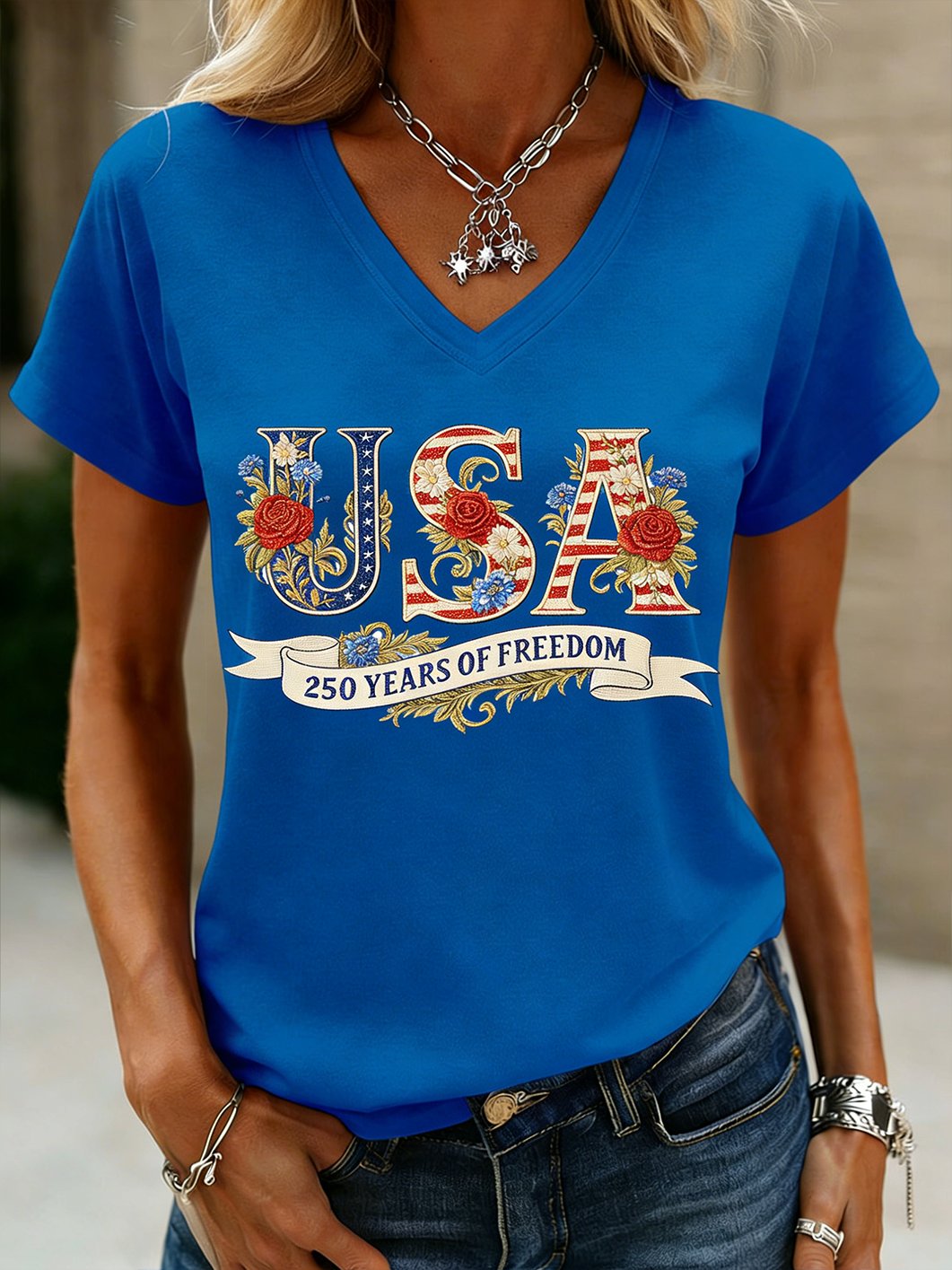 Women's 250th Anniversary Of The United States Printed V-Neck Top