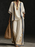 Royal White & Blue Regal Kaftan Set with Gold Filigree Medallion Necklace Detail