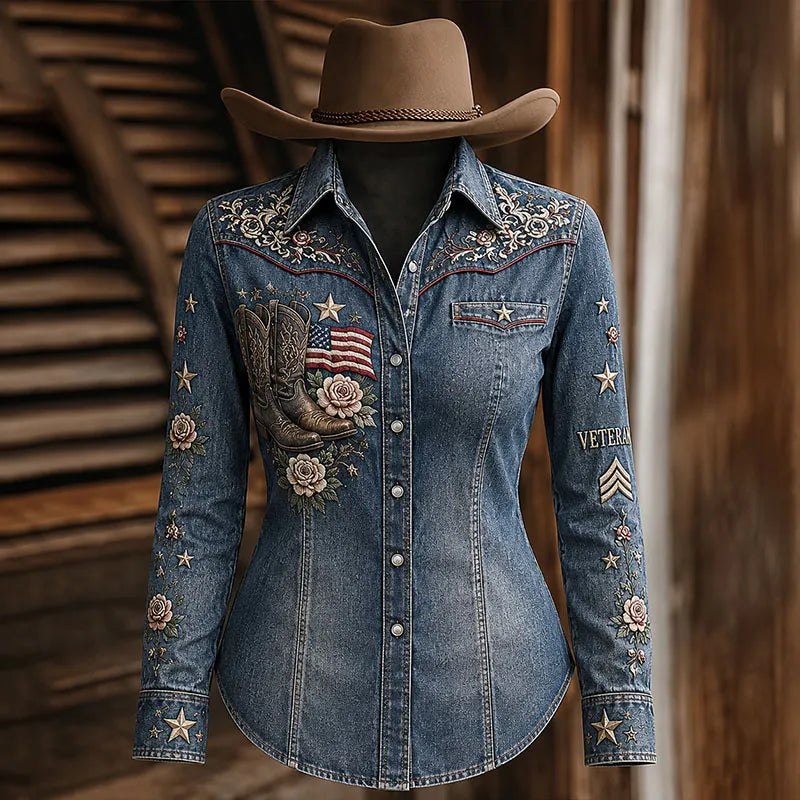 Vintage Western Veteran Cowboy Embroidered Women's Denim Shirt