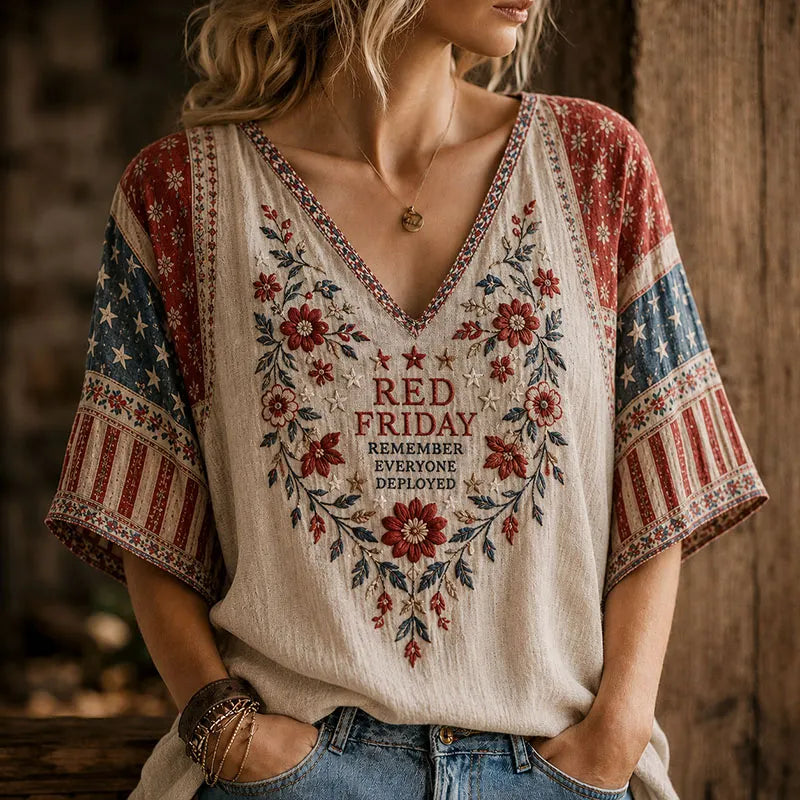Red Friday Patriotic Vintage Patchwork V-Neck Shirt for Women