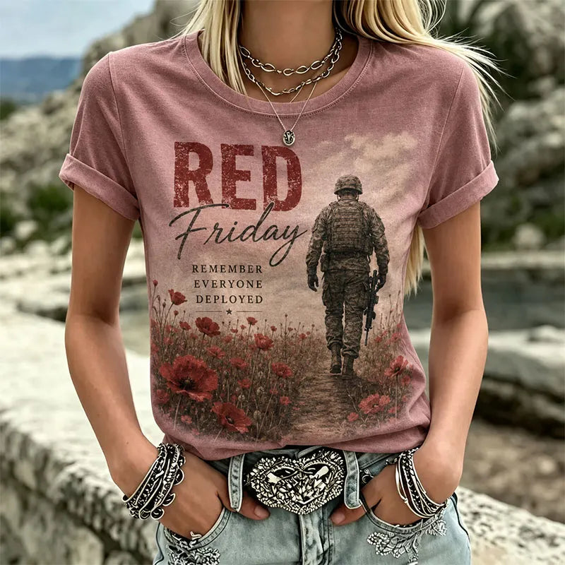 Women’s Pink RED Friday Military Memorial Soldier Poppy Field Graphic Crew Neck T-Shirt