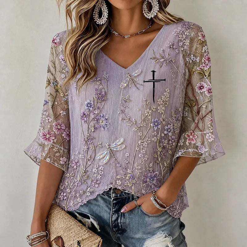 Purple Faith Dragonfly Floral V-Neck Blouse