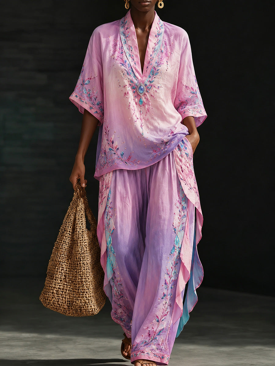 Luxury Pink Floral Bohemian Kaftan Set – Flowing Silk-Look Resort Lounge Outfit for Women