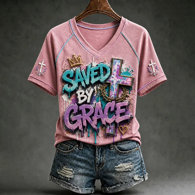 Saved By Grace Christian Faith Graffiti Cross Drip Graphic V-Neck T-Shirt