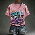 Saved By Grace Christian Faith Graffiti Cross Drip Graphic V-Neck T-Shirt