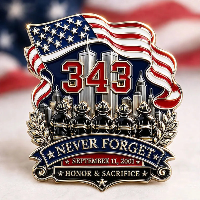 “Never Forget 343 – Honor & Sacrifice” 9.11.2001 FDNY Memorial Brooch Pin | United States Flag Firefighter Tribute Badge