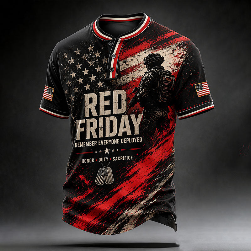 RED FRIDAY Remember Everyone Deployed Soldier Silhouette Tactical Graphic Henley T-Shirt