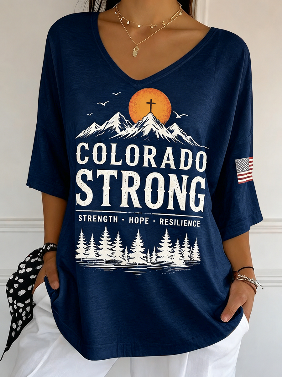 Colorado Strong Sunset Mountain Cross American Flag Gradient Top