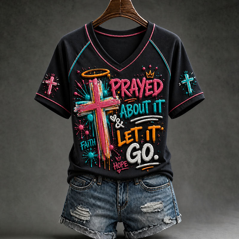 Christian Faith Inspirational Prayed About It Let It Go Neon Cross Graphic V-Neck T-Shirt