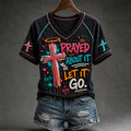 Christian Faith Inspirational Prayed About It Let It Go Neon Cross Graphic V-Neck T-Shirt