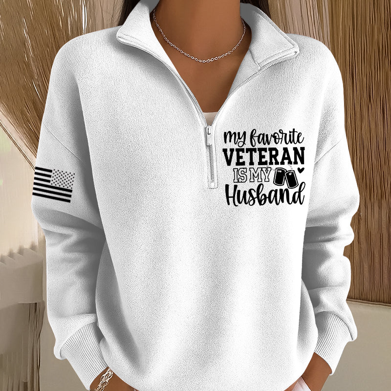 Women's My Favorite Veteran is My Husband Printed Casual Zip-Up Sweatshirt
