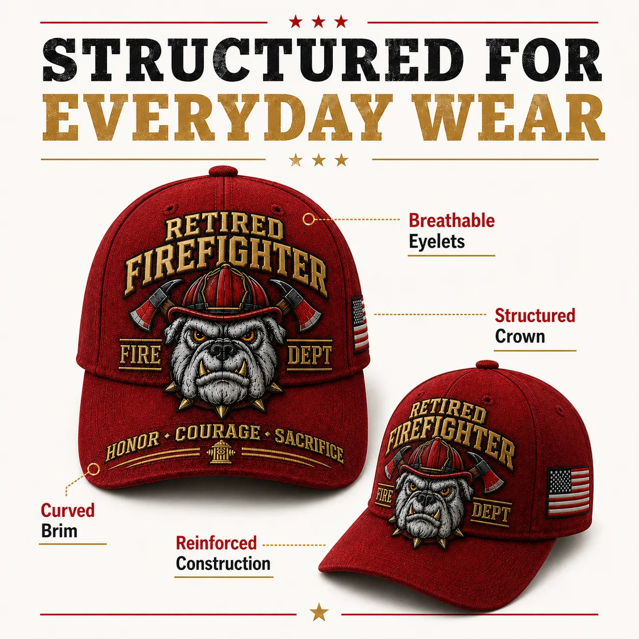 Handmade Retired Firefighter Bulldog Firehouse Commemorative Cap 🇺🇸