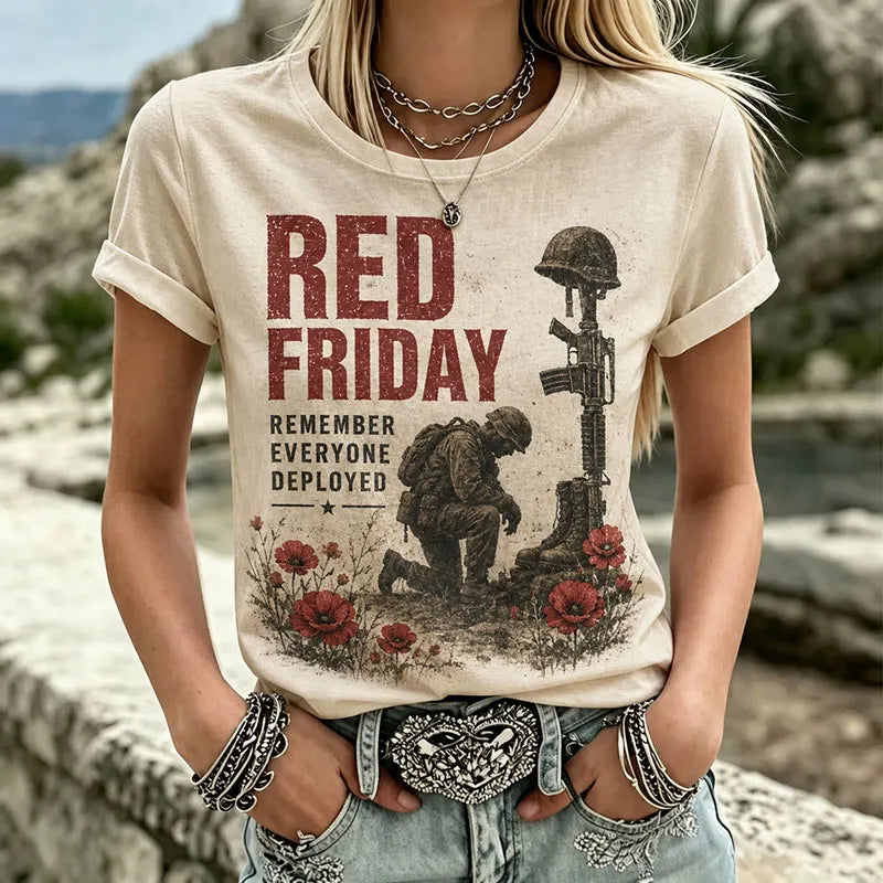 Women’s Beige RED Friday Military Memorial Kneeling Soldier Poppy Graphic Crew Neck T-Shirt