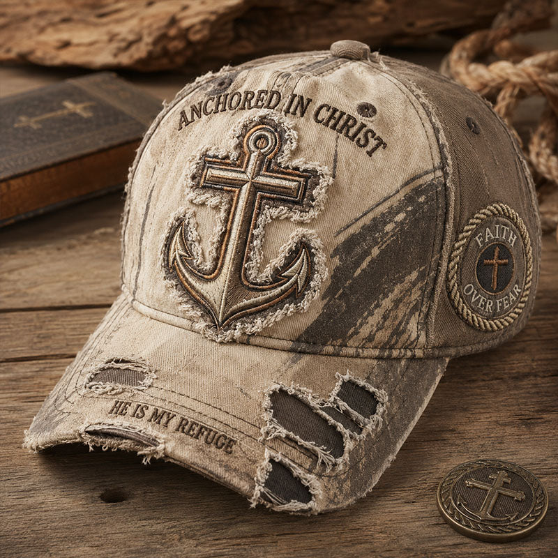 Anchored in Christ Cross Anchor Distressed Christian Baseball Cap
