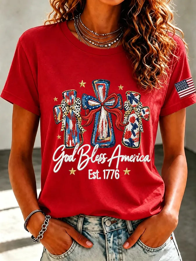 Women'S Casual Faith Floral Print Round Neck Short Sleeved T-Shirt