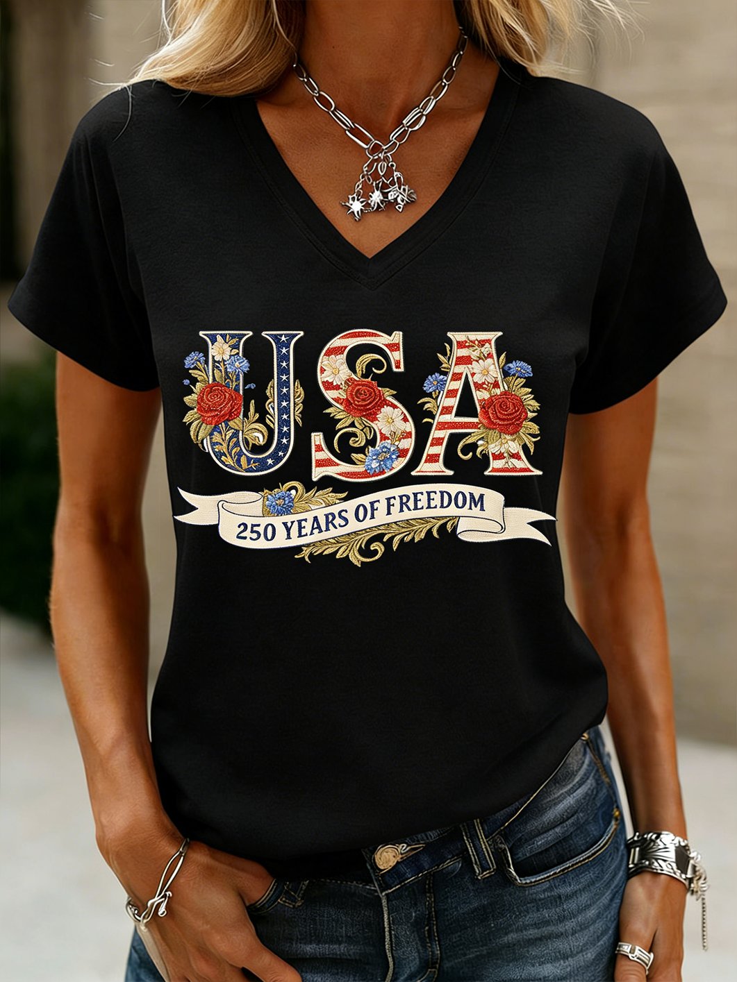 Women's 250th Anniversary Of The United States Printed V-Neck Top