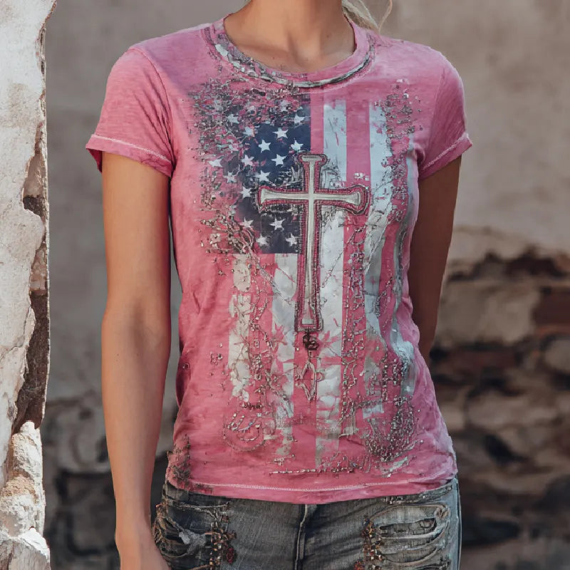 Retro Casual American Flag Cross Faith T-Shirt