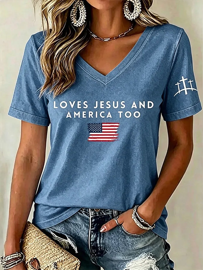 Women'S Love Jesus And America Too Print Printed T-Shirt