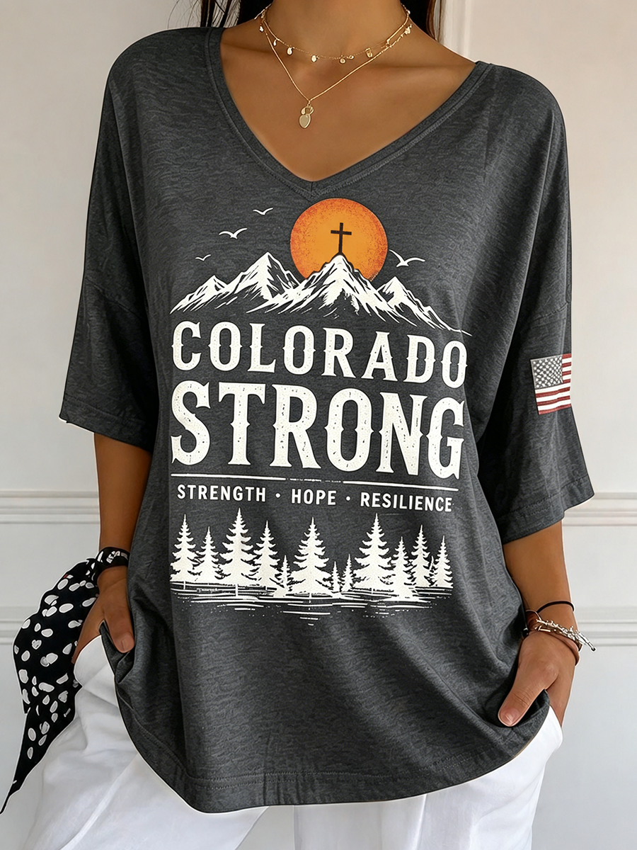 Colorado Strong Sunset Mountain Cross American Flag Gradient Top