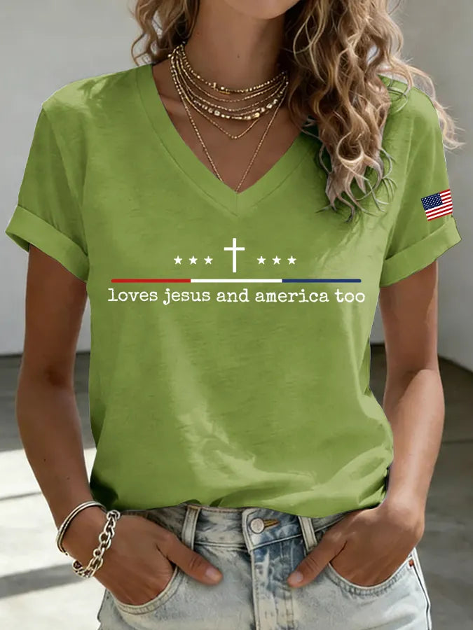 Women'S Loves Jesus and America Too Print Printed T-Shirt