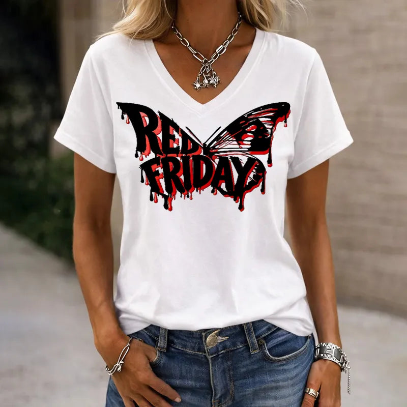 Women's Red Friday Inspired Print V-Neck T-Shirt