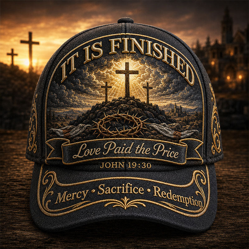 It Is Finished John 19:30 Jesus Crucifixion Christian Black Gold Vintage Baseball Cap