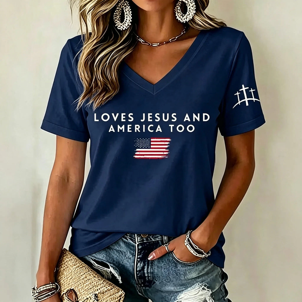 Women'S Love Jesus And America Too Print Printed T-Shirt
