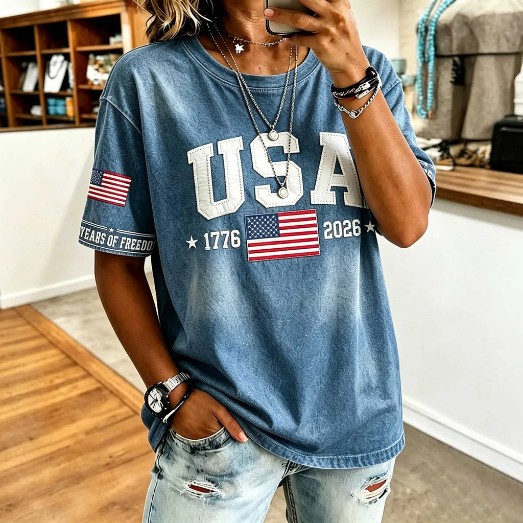 American Commemorative Embroidered Round Neck Top