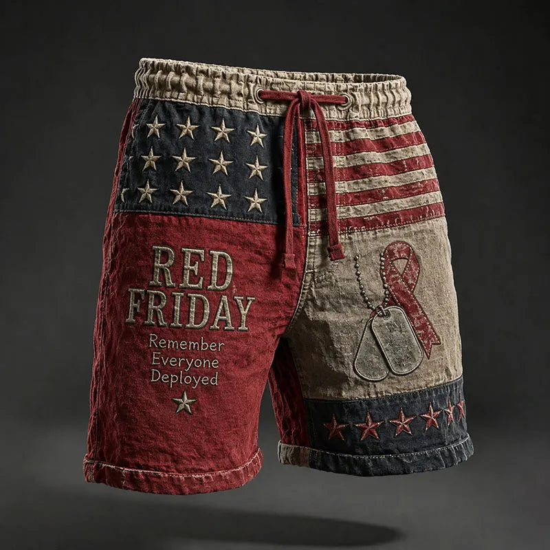 RED FRIDAY Remember Everyone Deployed Vintage American Flag Drawstring Shorts