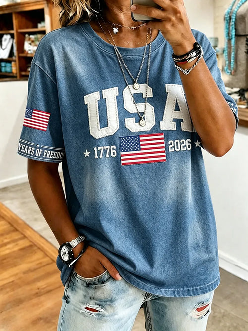 American Commemorative Embroidered Round Neck Top