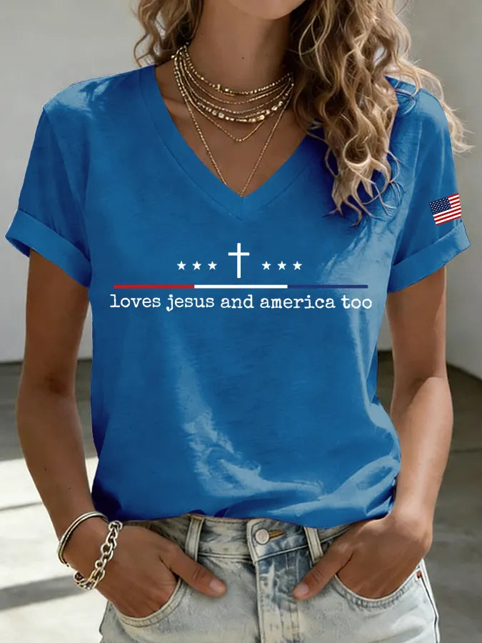 Women'S Loves Jesus and America Too Print Printed T-Shirt