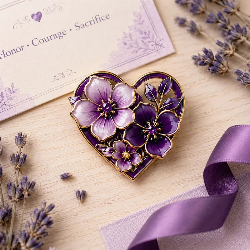Honor Courage Sacrifice Purple Floral Heart Pin