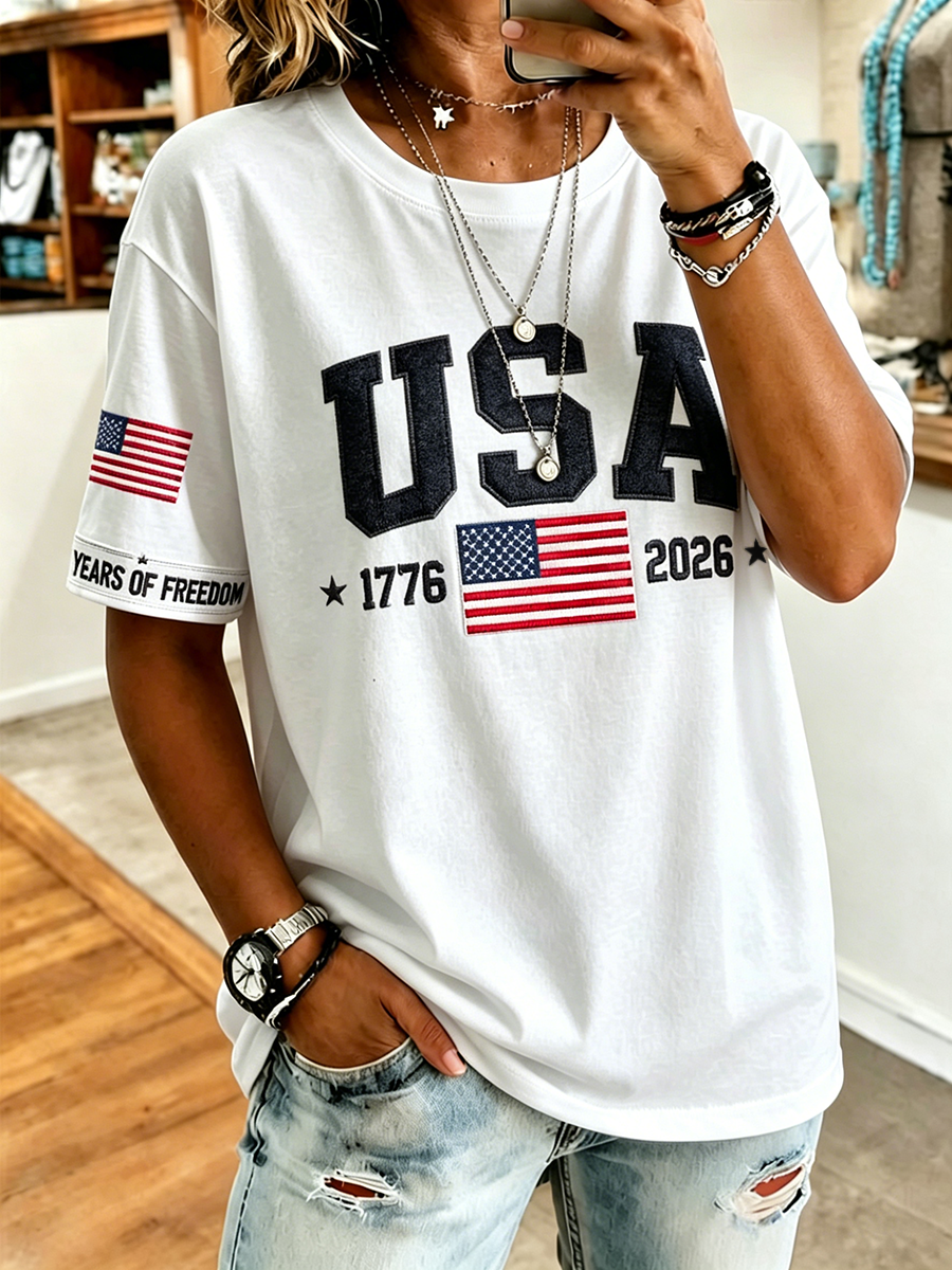 American Commemorative Embroidered Round Neck Top