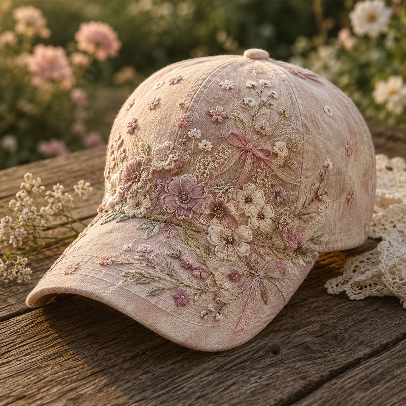 Vintage Pink Floral Bow Baseball Cap