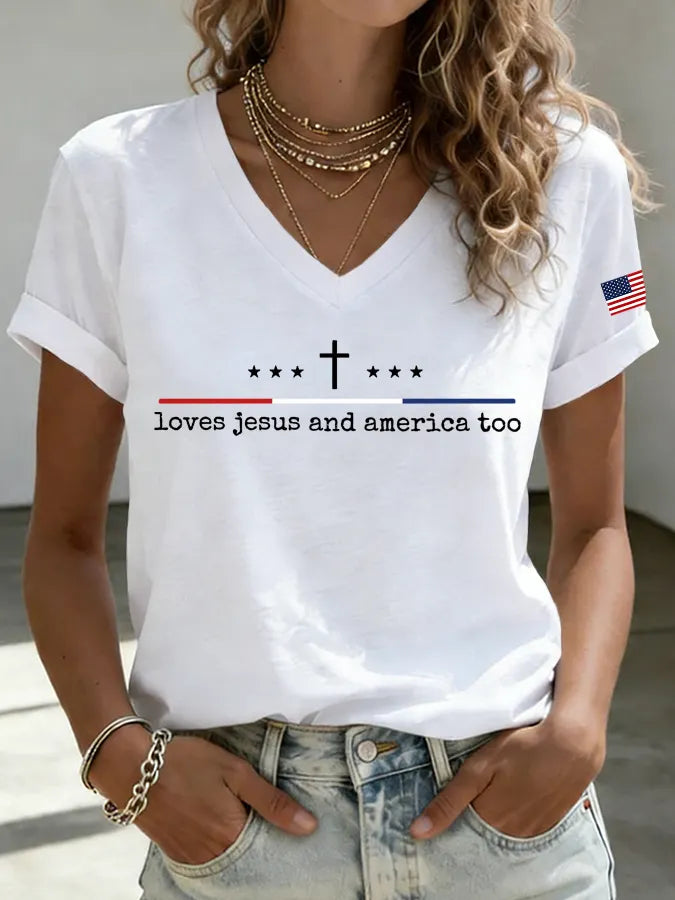 Women'S Loves Jesus and America Too Print Printed T-Shirt
