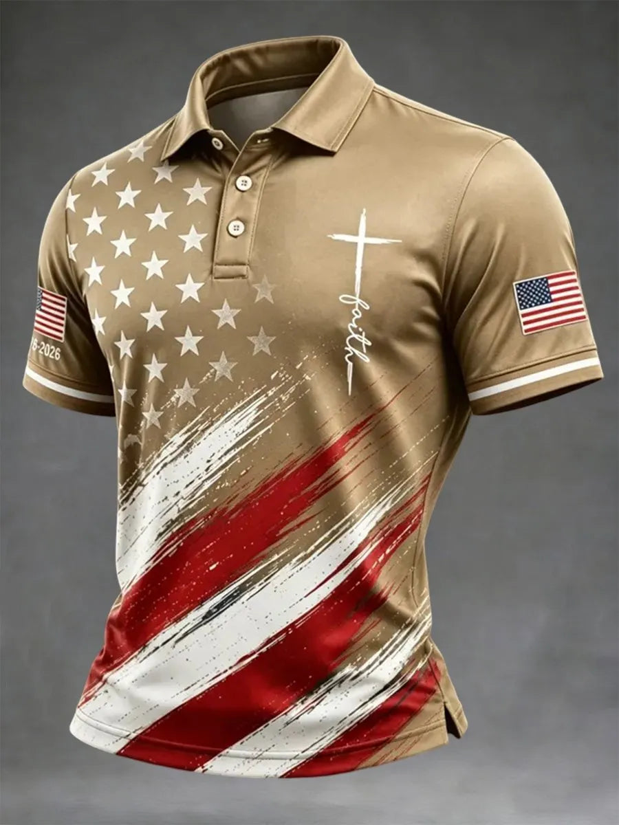 Men's American Flag Print Cross Faith Art Polo Shirt