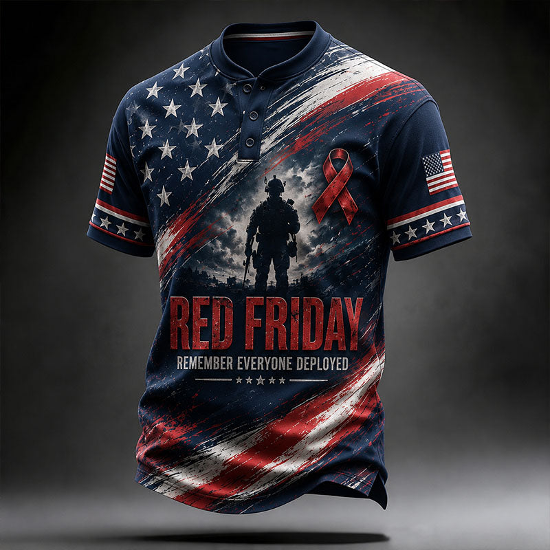 RED FRIDAY Remember Everyone Deployed Soldier Silhouette Vintage American Flag Henley T-Shirt